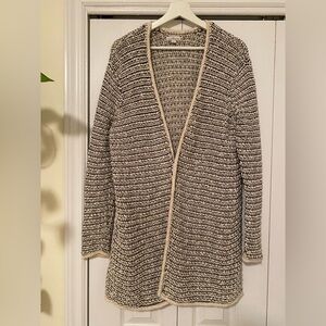 L. L. Bean Signature Cotton Linen Knit Black and Cream Open-Front Cardigan Sz L